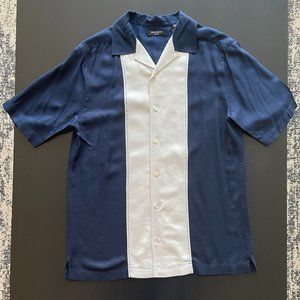 Mens Bowling Shirt, Blue and Beige | Size: Men Small | Ready to Ship